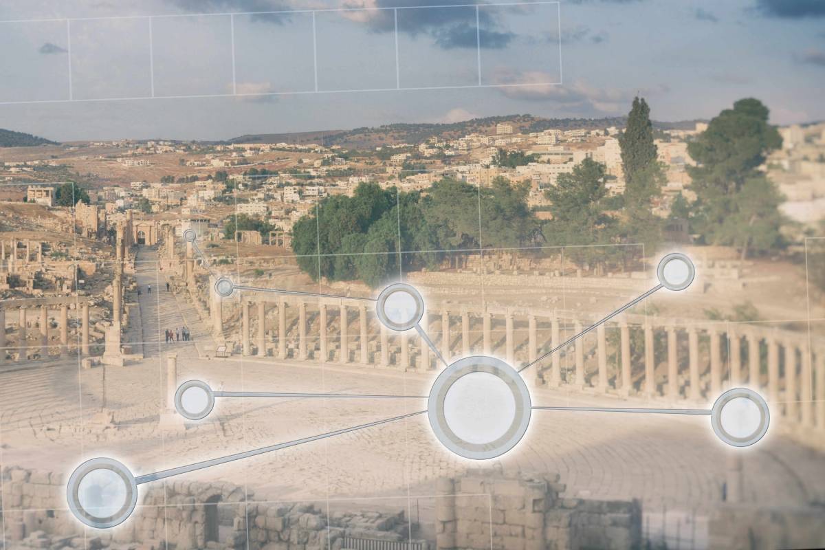 A picturesque image of the ancient ruins and modern city of Jerash in Jordan with connecting dots laid above.